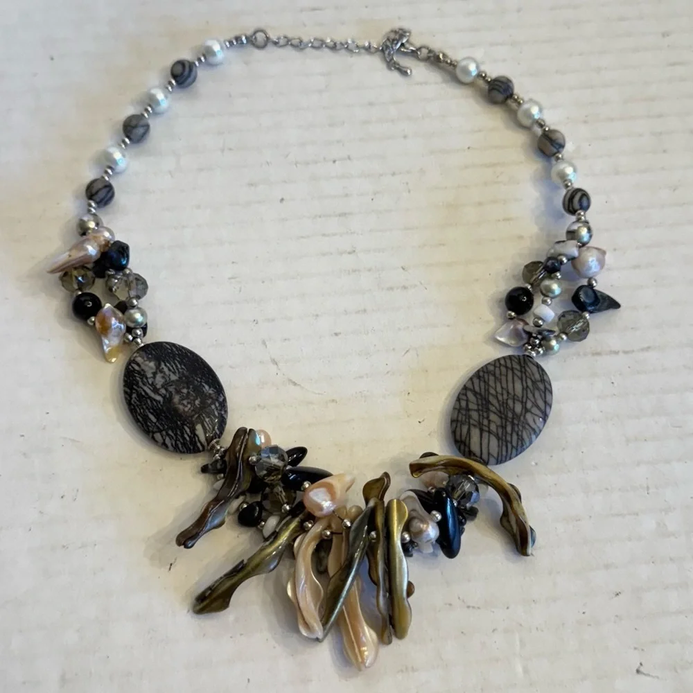 Natural Stones Necklace Abalone Shell, Zebra Jasper, Fresh Water Blister Pearls - Picture 13 of 16